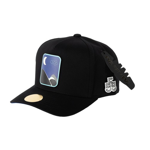 After Dark black A-frame snapback hat side view with sunset landscape badge and FveFiftyFve logo