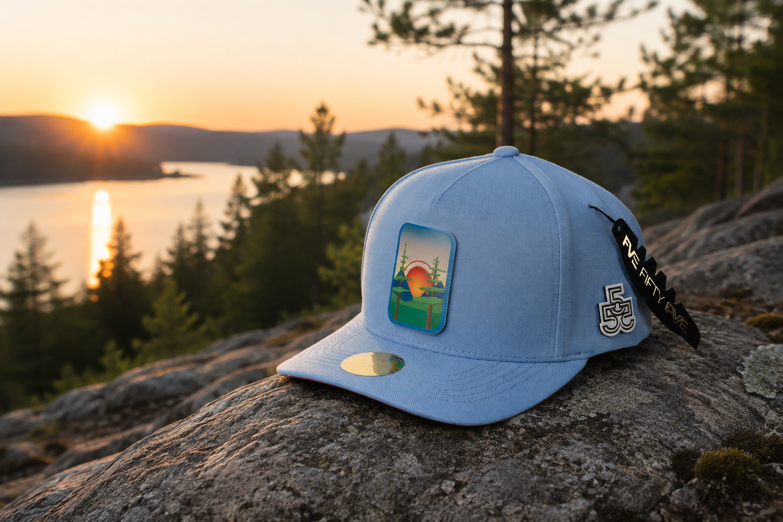 Beyond The Pines blue snapback outdoors at sunset