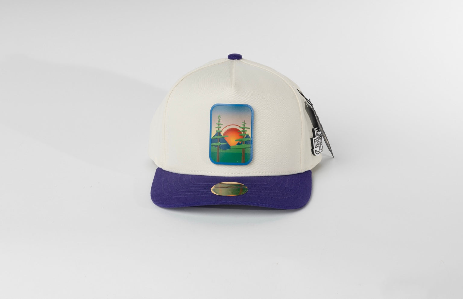 Beyond The Pines cream and purple hat front view