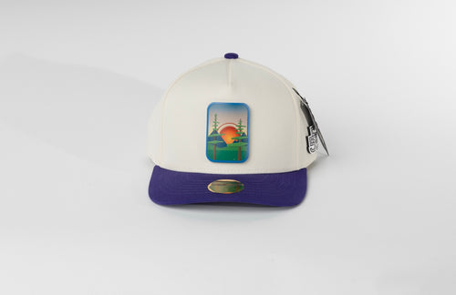 Beyond The Pines cream and purple hat front view