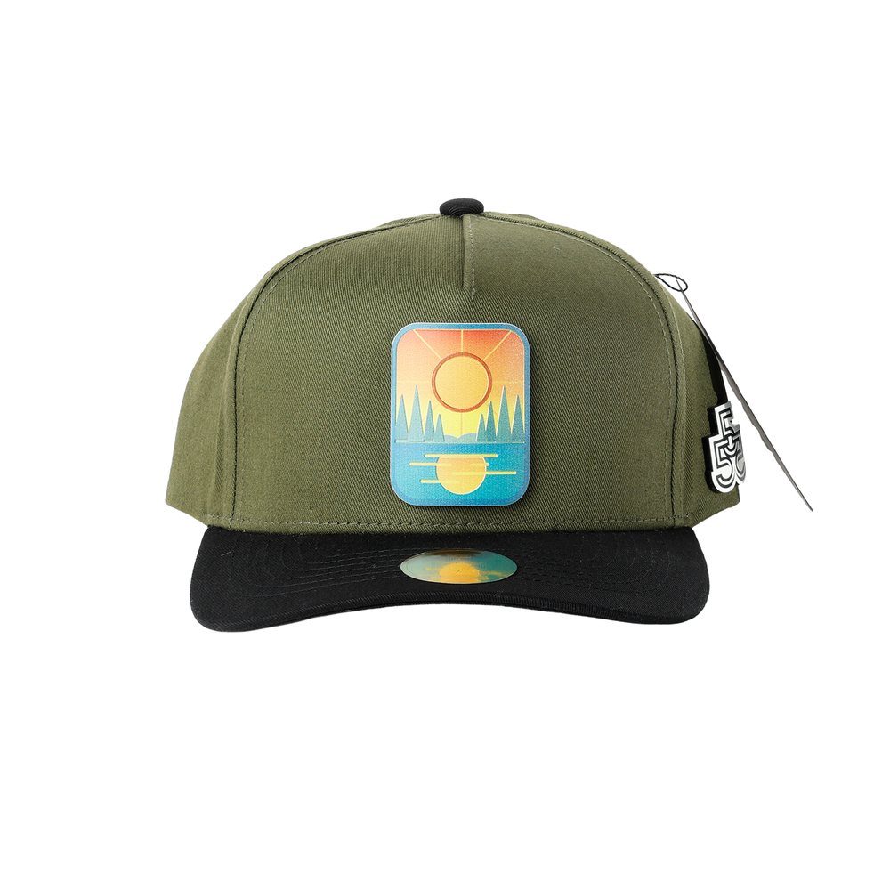     First Light A-frame snapback hat front view with outdoor-inspired landscape badge