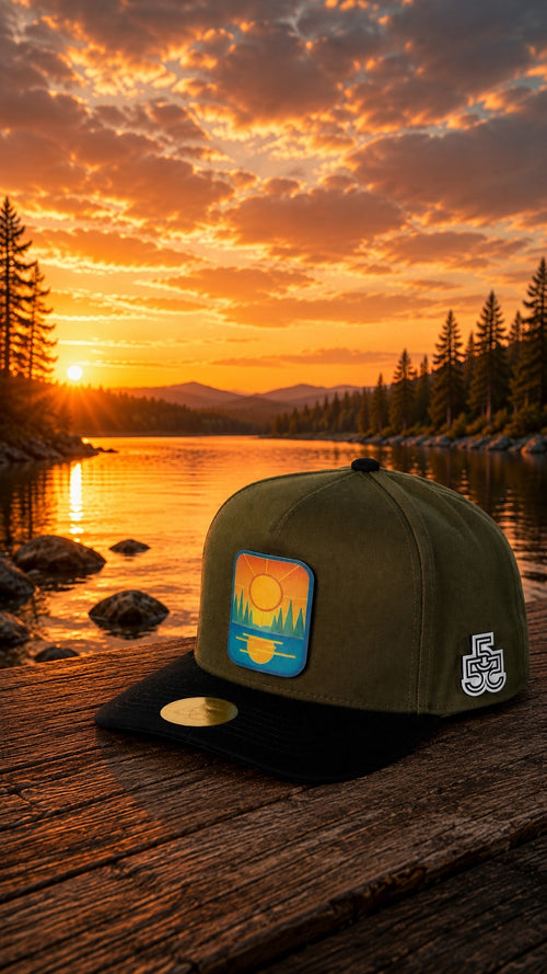 First Light olive and black FVE FIFTY FVE snapback outdoors at sunset