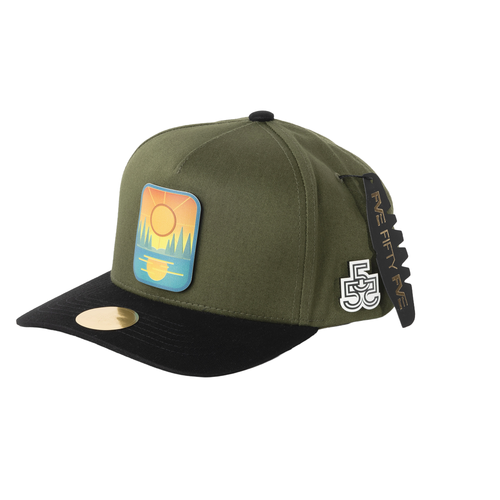     First Light A-frame snapback hat side view with landscape badge and FveFiftyFve logo