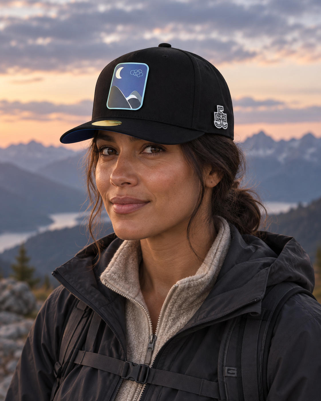 Woman wearing the black After Dark cap at a mountain overlook