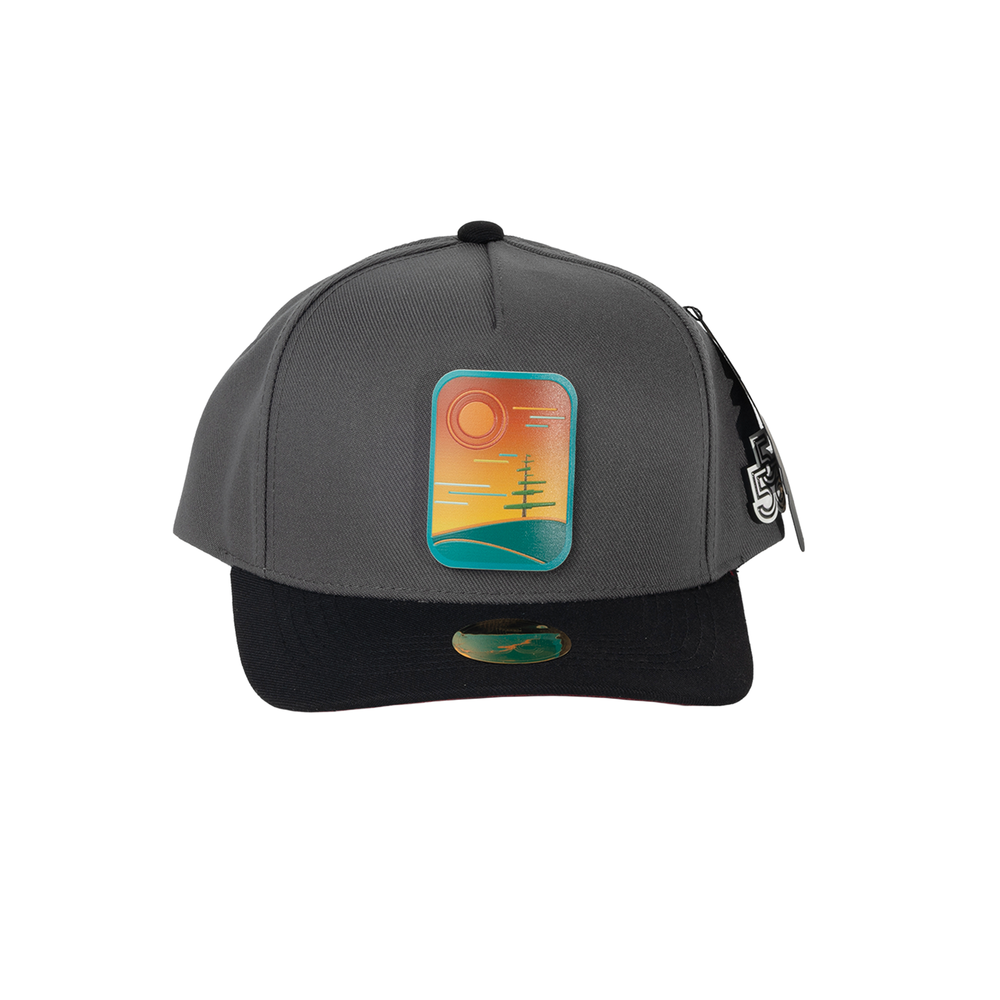 Quiet Witness charcoal A-frame snapback hat with black brim and outdoor landscape badge